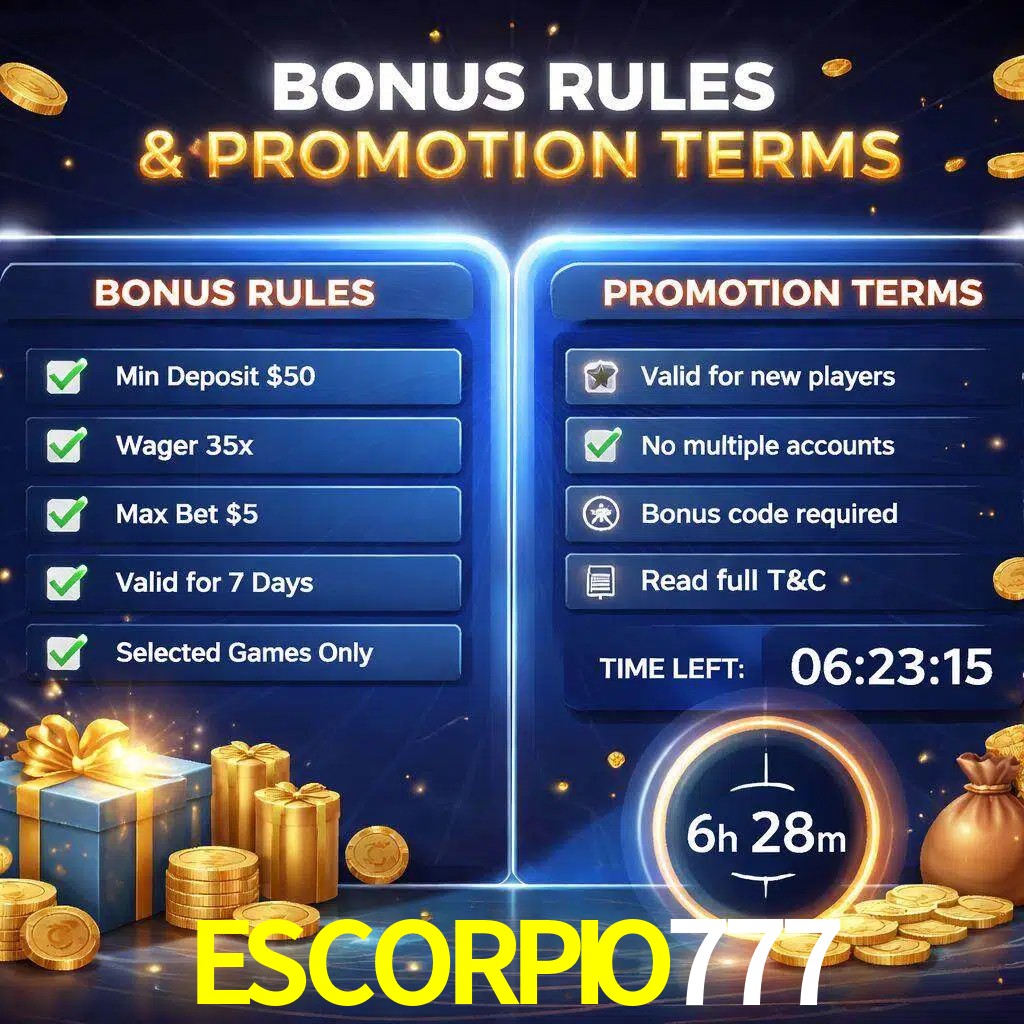 Reglas de promoción ESCORPIO777 y condiciones de bonos explicadas visualmente