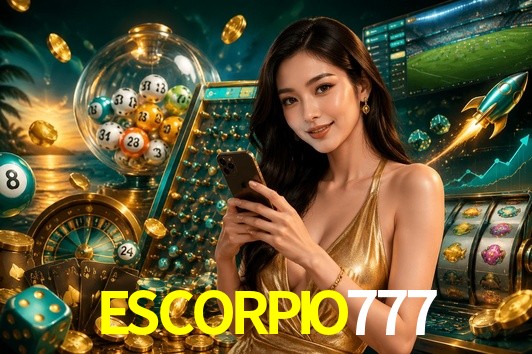 Una escena digital vívida inspirada en casino con ESCORPIO777 mostrado prominentemente, luces brillantes, fichas, cartas y acentos dorados.