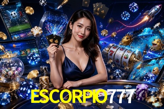 Escena dinámica inspirada en casino con iluminación ESCORPIO777, cartas, fichas e íconos de juegos digitales en un espacio moderno de juegos.
