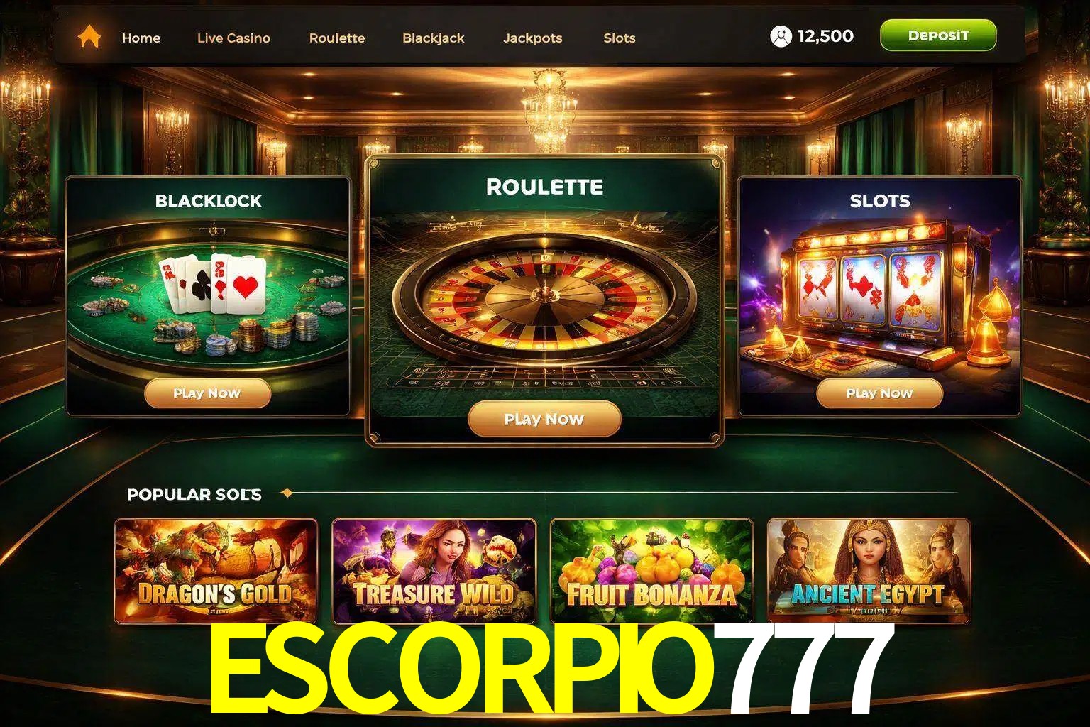 Vista de la plataforma ESCORPIO777 Casino mostrando categorías organizadas de juegos en línea
