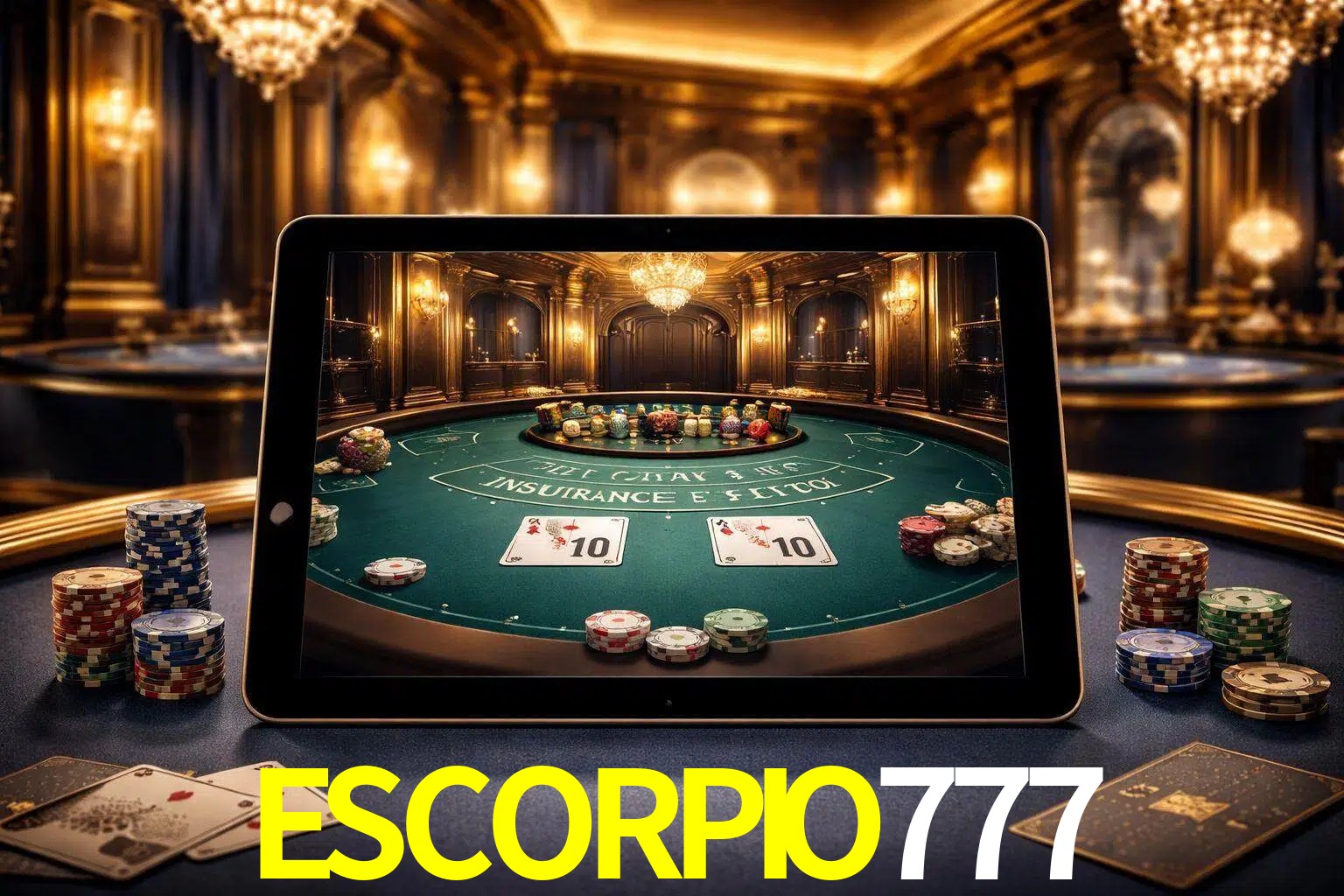 Configuración moderna de casino en vivo con una tableta mostrando una mesa de blackjack, luces cálidas de estudio y una atmósfera elegante de juegos digitales.