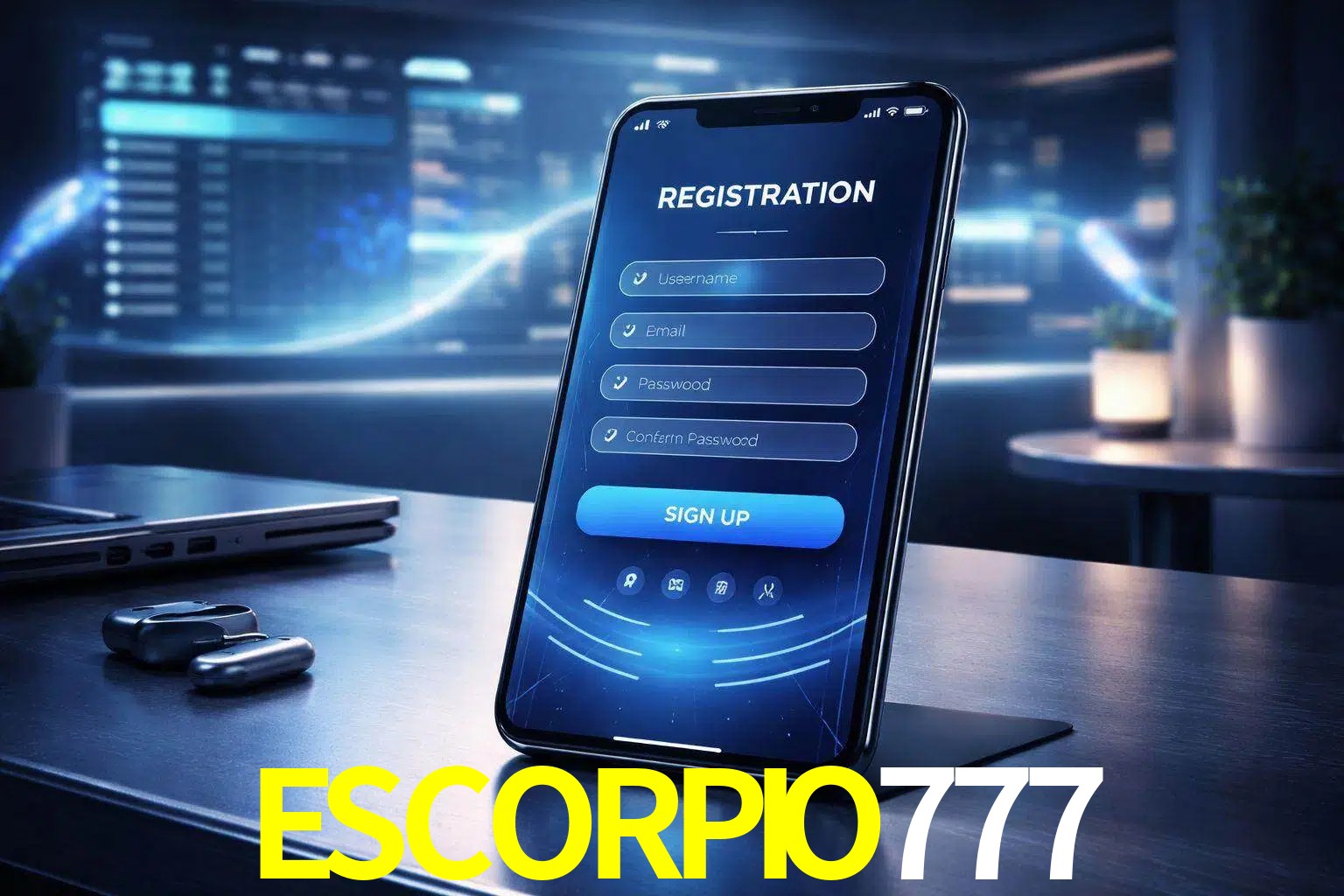 Una interfaz moderna de registro móvil para ESCORPIO777 mostrada en un smartphone con un panel de apuestas elegante.